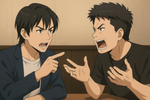 感情的に議論を交わす二人の男性。指を差し合いながら熱く語り合うアニメ風イラスト。