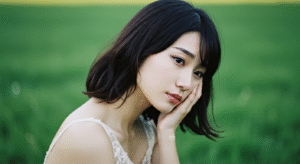 思いつめた表情で物思いにふける若い女性。静かな悩みを抱えているような様子。