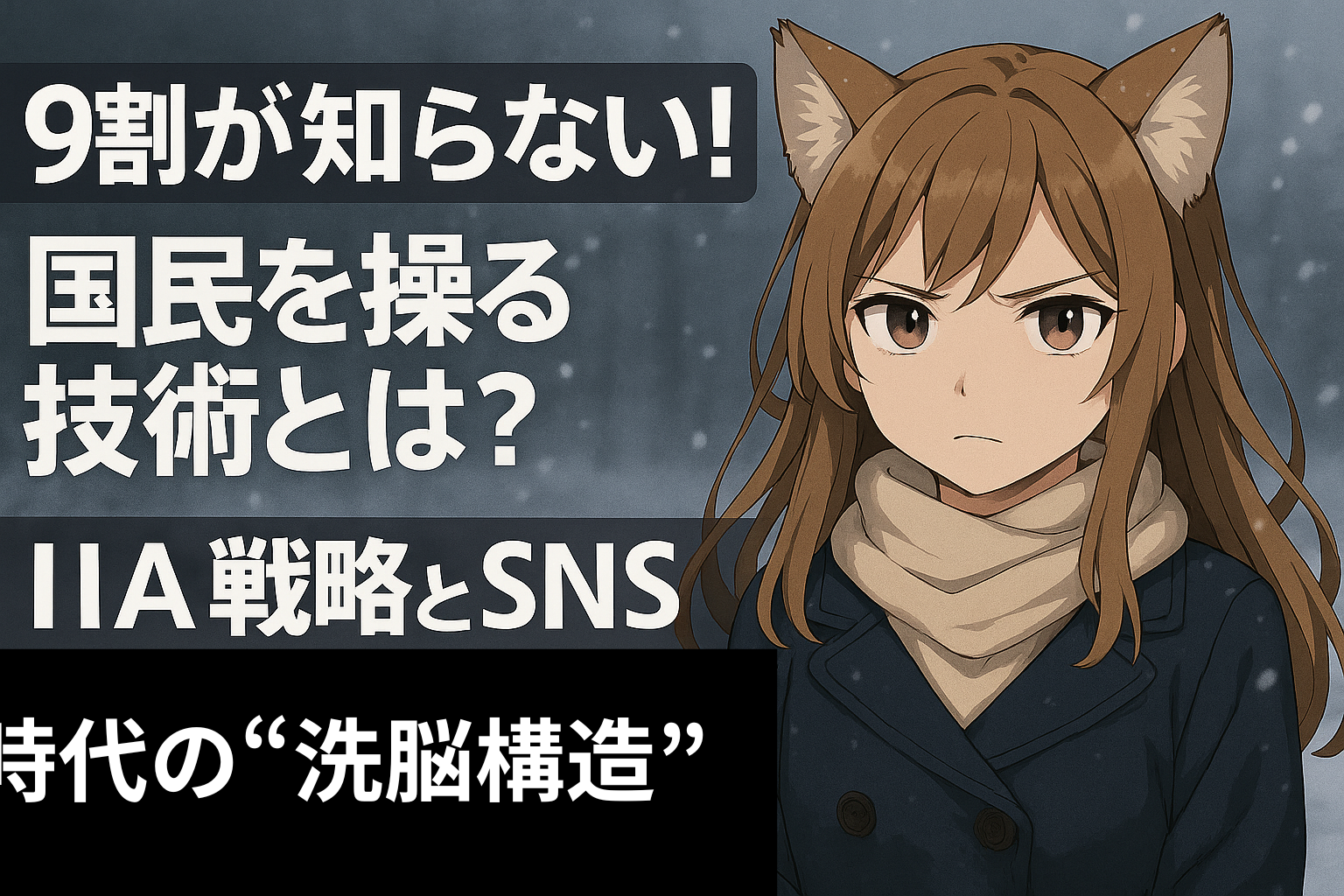 狐耳の少女が感情を押し殺した表情で立つ。雪景色の中、「国民を操る技術」という強調テキストが並ぶ情報操作テーマのアイキャッチ画像。