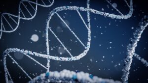 暗い背景に光るDNA二重らせん構造が複数描かれており、分子構造が繊細に浮かび上がっている。科学、遺伝子操作、医療技術、情報解析を象徴する未来的なイメージ。