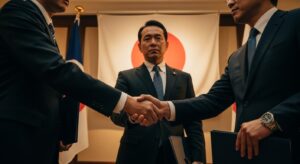 日本国旗を背景に、複数のスーツ姿の男性が握手し、取引を交わす様子