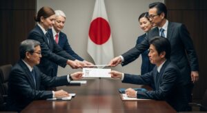 日本国旗を背景に、外国人と日本人が文書を交わす会議室の様子