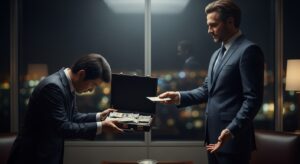 金銭を受け取る政治家とスーツの男。売国的な政策決定の象徴