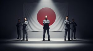 日本国旗の前に立つスーツ姿の男たち、権力の構造を暗示する配置