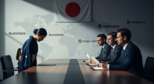 日本の旗の前で頭を下げる人物と、背後に並ぶグローバル企業ロゴの会議室