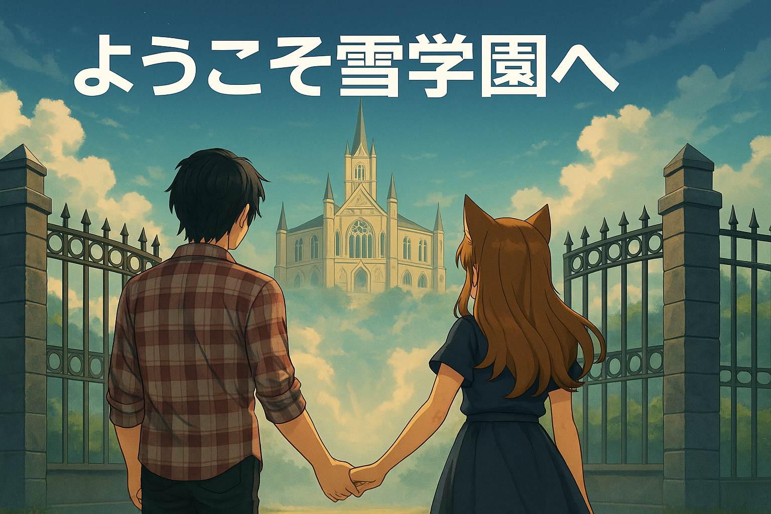 「ようこそ雪学園へ」のタイトルと共に、青年と狐耳の少女が手を取り合い、幻想的な学園へ向かって歩いている後ろ姿のイラスト。