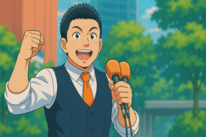 演説中の若い男性政治家が拳を握りしめながら熱弁をふるう様子をアニメ風に描写。背景には緑豊かな街路樹があり、参政党の神谷宗幣氏の強い信念と支持を視覚的に表現。