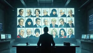 暗い作戦室のような空間で、中央の人物が巨大スクリーンに映し出された政治家・識者たちを監視している構図。保守勢力の分断が計画されたものであることを象徴し、“脅威の芽”を潰す支配者の視点を表現している。
