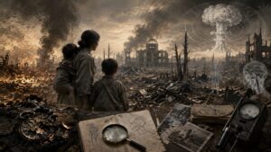 原爆フェイク説は公式説明への違和感から生まれたとする考察を象徴する画像。焼け野原となった被災地で家族が壊滅した街ときのこ雲を見つめる構図で、原爆はフェイクだったのか、嘘と毒ガス説、原爆被害の公式説明、異説への疑問を視覚的に表現している。