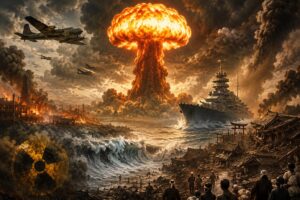 原爆被害の主流説である熱線、爆風、放射線を象徴する記事内画像。巨大なきのこ雲、燃える都市、放射線マーク、戦争による破壊を描き、原爆フェイク説や毒ガス説などの異説を見る前に、まず公式説明の土台を確認する内容を表している。