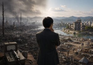 残留放射線の説明への疑問を象徴する記事内画像。焼け野原となった被災地と復興する街を一人の人物が見つめる構図で、原爆フェイク説、原爆への疑問、残留放射線、広島市の復興、放射線測定、公式説明への違和感を考察する内容を表している。