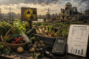 農作物の復活が原爆の嘘への疑問を残したことを象徴する記事内画像。焼け野原となった広島の廃墟を背景に、野菜や農作物、放射線マーク、測定器、放射線量の資料が配置され、原爆フェイク説、残留放射線、農作物の生育、公式説明への違和感を考察する内容を表している。