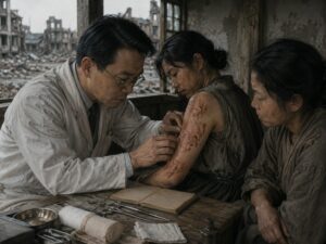 毒ガス説が化学火傷に似た症状から注目された背景を象徴する記事内画像。戦後の診療所で医師が被害者の皮膚のただれや水ぶくれのような症状を確認しており、原爆フェイク説、毒ガス説、化学火傷、マスタードガス、原爆被害の症状比較を考察する内容を表している。
