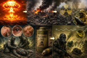 原爆の熱線、爆風、放射線、焼夷被害、毒ガス説を分けて考察する記事内画像。きのこ雲、焼け野原、放射線マーク、ガスマスク、マスタードガス、皮膚症状の比較を通して、原爆フェイク説や毒ガス説を断定せず、複数の被害要因を冷静に整理する内容を表している。