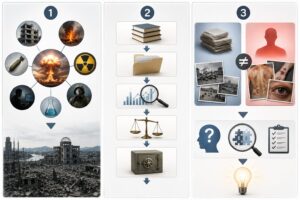 複合兵器説を原爆フェイク説の断定ではなく考察材料として整理する記事内図解。熱線、爆風、放射線、焼夷、毒ガス説、心理戦、報道統制など複数の被害要因と、資料確認、症状比較、仮説検証の流れを通して、原爆被害を冷静に読み解く視点を表している。