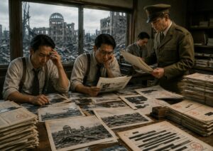 報道統制が原爆フェイク説の土台を作った背景を象徴する記事内画像。戦後の廃墟を背景に、新聞記者や調査員が原爆被害の写真、資料、検閲文書を確認し、軍関係者が報道内容を管理している構図で、原爆フェイク説、報道統制、検閲、情報不信、原爆被害の語られ方を考察する内容を表している。