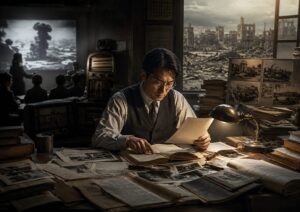 歴史は信じるだけでなく読み直すものになるという考え方を象徴する記事内画像。戦後の資料室で研究者が原爆被害の記録、写真、新聞、証言資料を読み直し、背後にはきのこ雲を映す教育映像と焼け野原の街が描かれている。原爆フェイク説、毒ガス説、報道統制、情報不信、主流説と異説、歴史の検証を冷静に考察する内容を表している。