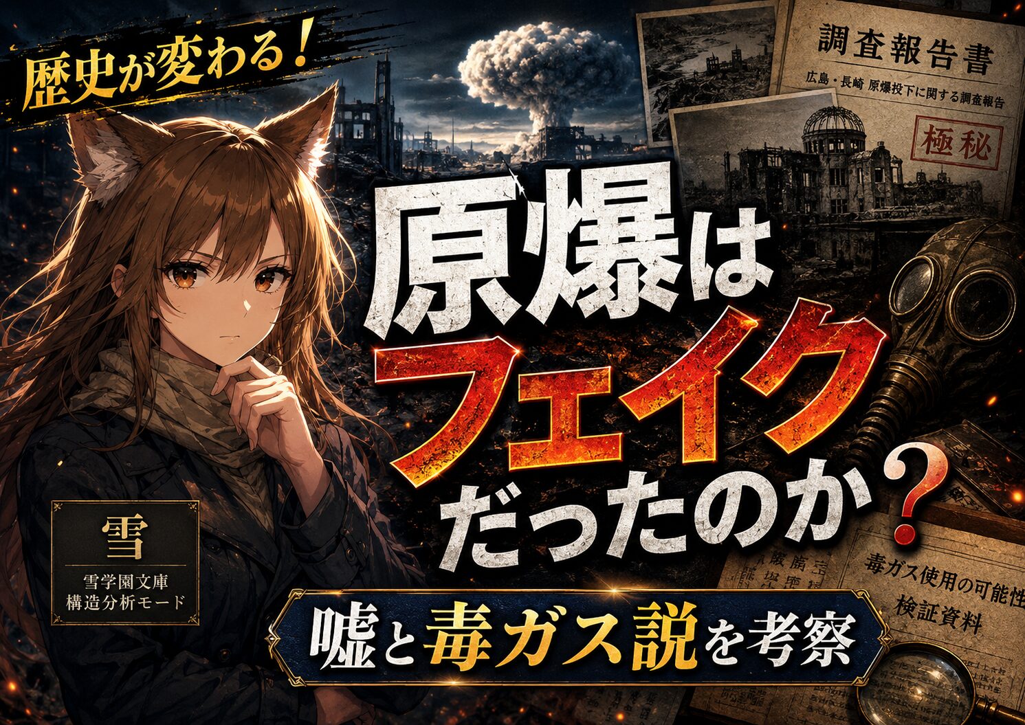 原爆はフェイクだったのかを考察する記事のアイキャッチ画像。狐耳の雪学園文庫の雪を中心に、きのこ雲、広島の廃墟、調査報告書、ガスマスク、毒ガス使用の検証資料を背景に配置し、原爆フェイク説、嘘、毒ガス説、報道統制、証言と記録のズレを考察する内容を表現している。