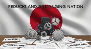 日本の国旗を背景に、中央にある歯車が分解されていく様子が描かれている。手前の机上には「教育」「農業」「医療」などと書かれた書類が散らばり、国家の機能が縮小・解体されつつある構造を象徴するビジュアル。