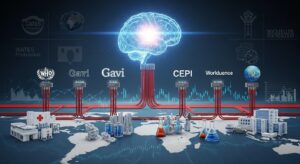 WHO・Gavi・CEPI・世界銀行などが巨大なネットワークとして連携し、脳のように指令を発する構造を描いたイラスト。医療と金融を支配するグローバル資本の存在と、各国のパンデミック対応が共通化された背景を視覚的に表現。