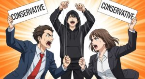 「CONSERVATIVE(保守)」と書かれた札を持った男女が怒鳴り合う中、背後で黒いフードを被った人物が笑っているアニメ風イラスト。保守内部での対立を誘導し、情報戦によって分断が仕掛けられている構造を象徴。