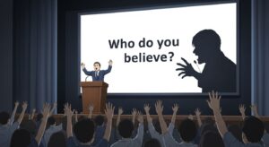 「Who do you believe?(誰を信じる?)」と書かれた巨大なスクリーンの前で、演説者が群衆に向けて話している構図。情報戦において、事実よりも“信じさせる力”や感情の誘導が重視される構造を視覚的に象徴している。