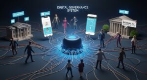 国家主導によるデータ収集と個人追跡のシステム化が進む未来社会のイメージ。中央に設置された「デジタルガバナンスシステム」を基点に、スマートフォンと国家機関が市民の情報を結び、監視社会の構造を示唆している。パンデミック対策、デジタルID、国家安全保障を名目に、国際金融資本の意向を受けた“合法的な個人管理”の構造を暗示。