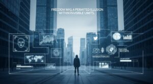 巨大な監視モニターに個人の顔や情報が映し出される都市の一角。「FREEDOM WAS A FABRICATED ILLUSION(自由は作られた幻想)」と書かれた背景が、新保守や第三勢力の名のもとに構造支配が進む姿を象徴している。