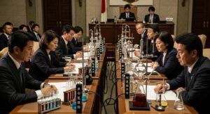 議場の長机に向かい合って座る国会議員たちが、感染症対策に関する法案の資料を前にして真剣に議論している。背景には国旗と議長席が見える。感染症対策という名目で制度改変が進められている様子を表現。
