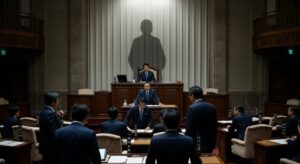 日本の国会議事堂風の室内。議員たちが発言者の方を向いて着席しているが、その背後には巨大な影のシルエットが壁に映し出されており、“議場の外にいる誰か”の存在を暗示している。政治の背後にある黒幕や資金源を象徴。