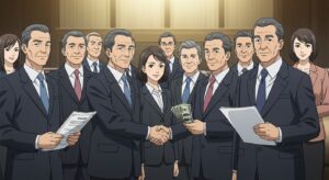複数のスーツ姿の政治家風人物たちが握手を交わしながら、背後で札束や書類を持ち合うアニメ風イラスト。維新と参政党をつなぐ表向きの連携と、裏で交差する利害関係・不穏な構造を象徴している。
