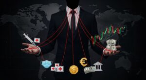 国際金融資本に操られるスーツ姿の人物が、投資対象として医療・通貨・株価を手にしているイラスト。治療・医療制度・ワクチン・マスクなどが全て金融商品のように吊るされ、世界地図を背景にしたグローバル支配構造を象徴。