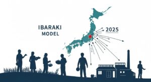 茨城県知事選2025から全国へ波及する移民受け入れモデルを象徴するイラスト。日本地図に「IBARAKI MODEL」と表示され、農業労働者や工場労働者のシルエットが描かれる。移民問題と地方選挙が国政課題を先取りし、全国に影響を与える構造を表現している。