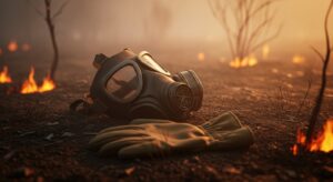 焼け焦げた地面に残されたガスマスクと手袋。背景に炎が立ち上り、化学兵器やナパーム火傷に類似する被害状況を連想させる。