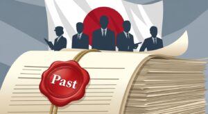 国籍条項の撤廃とその歴史を象徴するイラスト。日本の公務員採用における国籍要件が緩和され、地方自治や安全保障に影響を与えてきた過去を古い法文書と日の丸で表現。茨城県知事選2025における内田正彦の「国籍条項復活」公約を理解するための背景を示している。