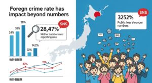 外国人犯罪率は数字そのものよりも、報道の仕方や通報率によって住民の印象が大きく変わり、SNS拡散によって体感治安の悪化を招くリスクを示す象徴的なイメージ。