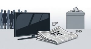 茨城県知事選2025におけるメディア報道と情報の偏りを象徴するイラスト。テレビと新聞の横に「MEDIA GAP」と表示され、背後には選挙民のシルエットと投票箱が描かれる。報道されない論点や情報の欠落が県民の判断に影響し、民意を左右する構造を表現している。