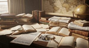 歴史資料が並ぶ机の上に開かれた古書や外国文献、古地図、地球儀が置かれ、一次資料や当事者証言の重要性を象徴