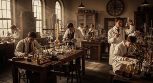 1940年代、研究室で化学実験を行う科学者たち。毒ガス兵器研究の様子を再現。