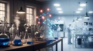 近代的な化学実験室での研究風景、マスタードガスから窒素マスタードへの開発を象徴｜毒性と皮膚・粘膜への影響を示唆