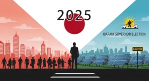 茨城県知事選2025を象徴する政治イラスト。現職VS新人の一騎打ち構図を背景に、国籍要件是正、移民問題、メガソーラー規制といった内田正彦の公約争点を反映し、県民の生活と安全保障、外資資本の影響が交差する選挙の本質を表現している。