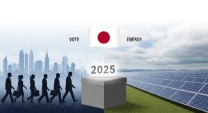 茨城県知事選2025を象徴する政治イラスト。投票箱と日の丸に向かう人々は国籍要件是正と移民問題を表現し、背景のソーラーパネルはメガソーラー規制を象徴。内田正彦の公約が安全保障・エネルギー・地方自治の不安に直結していることを示している。