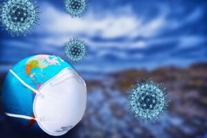 青空の下、地球儀にマスクが装着され、その周囲をウイルスのイメージが取り囲む構図。パンデミックが地球規模で計画されていた可能性を暗示し、“感染拡大がシナリオ通りに進行した”という疑念を表現するビジュアル。