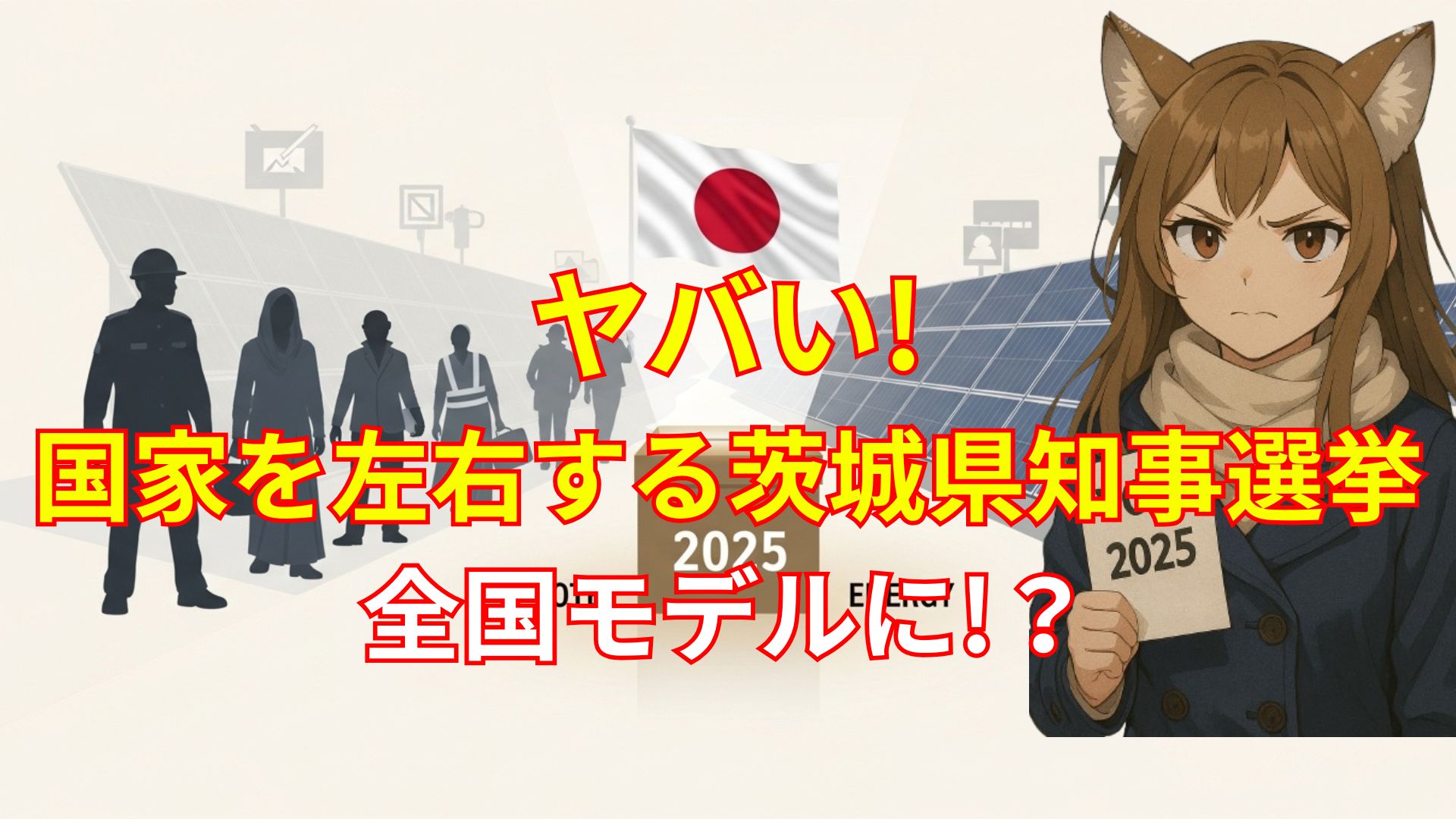 ヤバい茨城県知事選2025の本質を象徴するアイキャッチ画像。無所属候補・内田正彦が掲げる国籍要件是正、移民問題、治安悪化、メガソーラー規制などの争点を背景に、日本の国家構造を左右する地方選挙として全国モデルになる可能性を強調。日本国旗、労働者シルエット、ソーラーパネル、投票用紙を持つキャラクターが選挙の緊張感を表現。