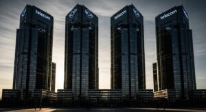 日本の携帯市場における4社体制の固定化と料金プランの横並び構造を象徴し、競争が形骸化して国民が高いスマホ料金を支払い続ける仕組みを示すイメージ