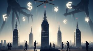 国際金融資本が携帯会社4社を通じて日本のスマホ料金を高止まりさせ、NTT買収と通信インフラ支配により国民の生活費を構造的に吸い上げている姿を象徴するイメージ