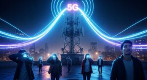 5G通信塔から放たれる強力な電波に囲まれる人々の様子。高速通信の利便性の裏で静かに進む人体への影響と国際金融資本による通信支配の暗示。