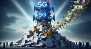 5G投資の背後で通信会社の負債が増える一方、国際金融資本が利息収益を確保し国民負担に転嫁されていく構造を象徴するリアルなイメージ