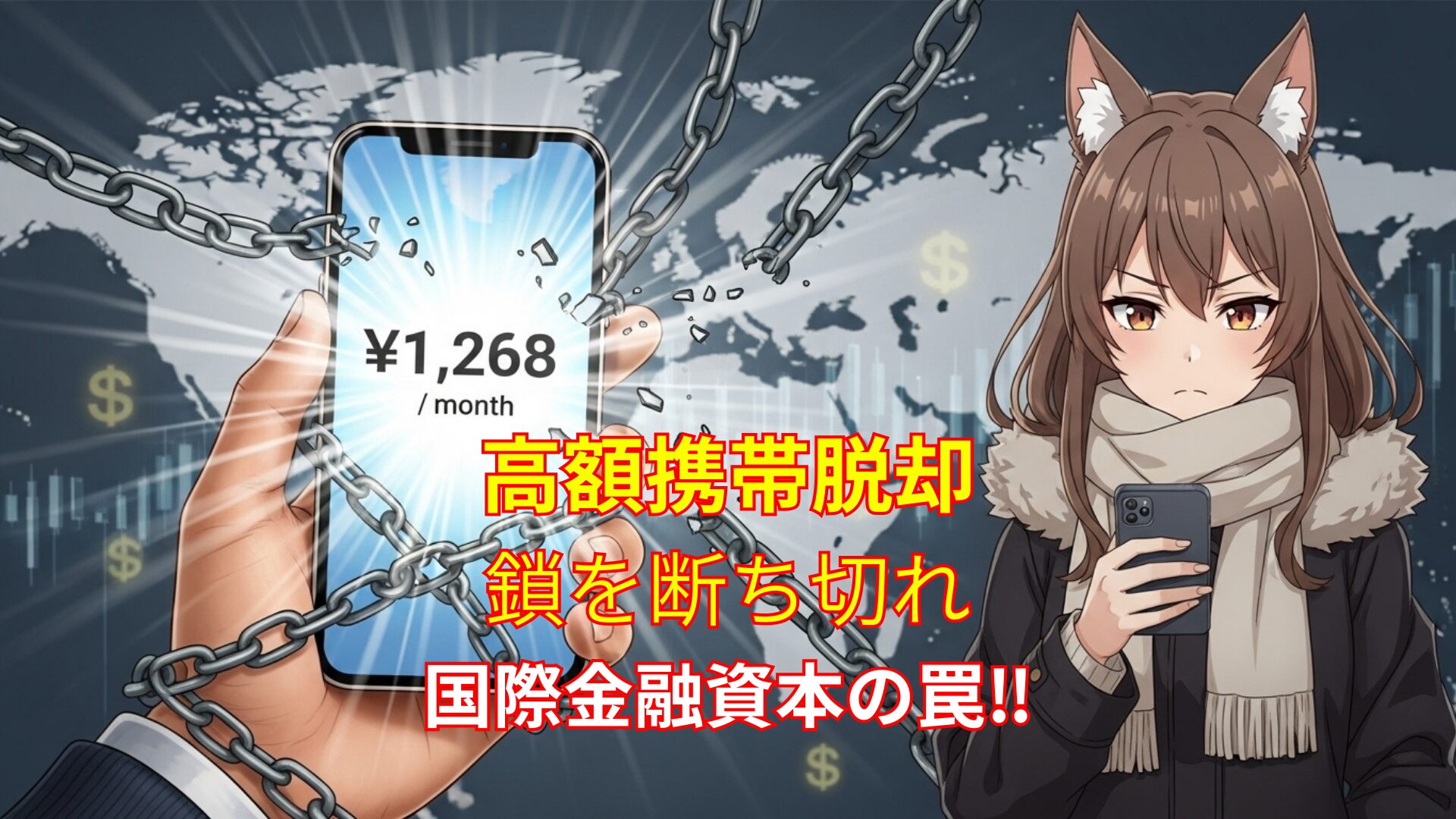 【携帯料金を解約し自由を取り戻す少女とスマホの鎖】 月額1,268円のスマホプラン表示がある画面を手に持ち、鎖を断ち切ろうとしているビジュアルと、冷静な表情でスマホを構える狐耳の少女「雪」が並ぶ構成。 「携帯料金の闇」「国際金融資本の支配構造」「スマホ料金搾取」などを象徴するメッセージ性の高い構成で、格安SIM・料金見直し・NTT買収などの解説記事に最適。