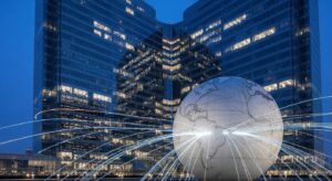 IMFとBISが象徴する国際金融資本の中枢機構と中央銀行ネットワークを示すリアルな実写イメージ